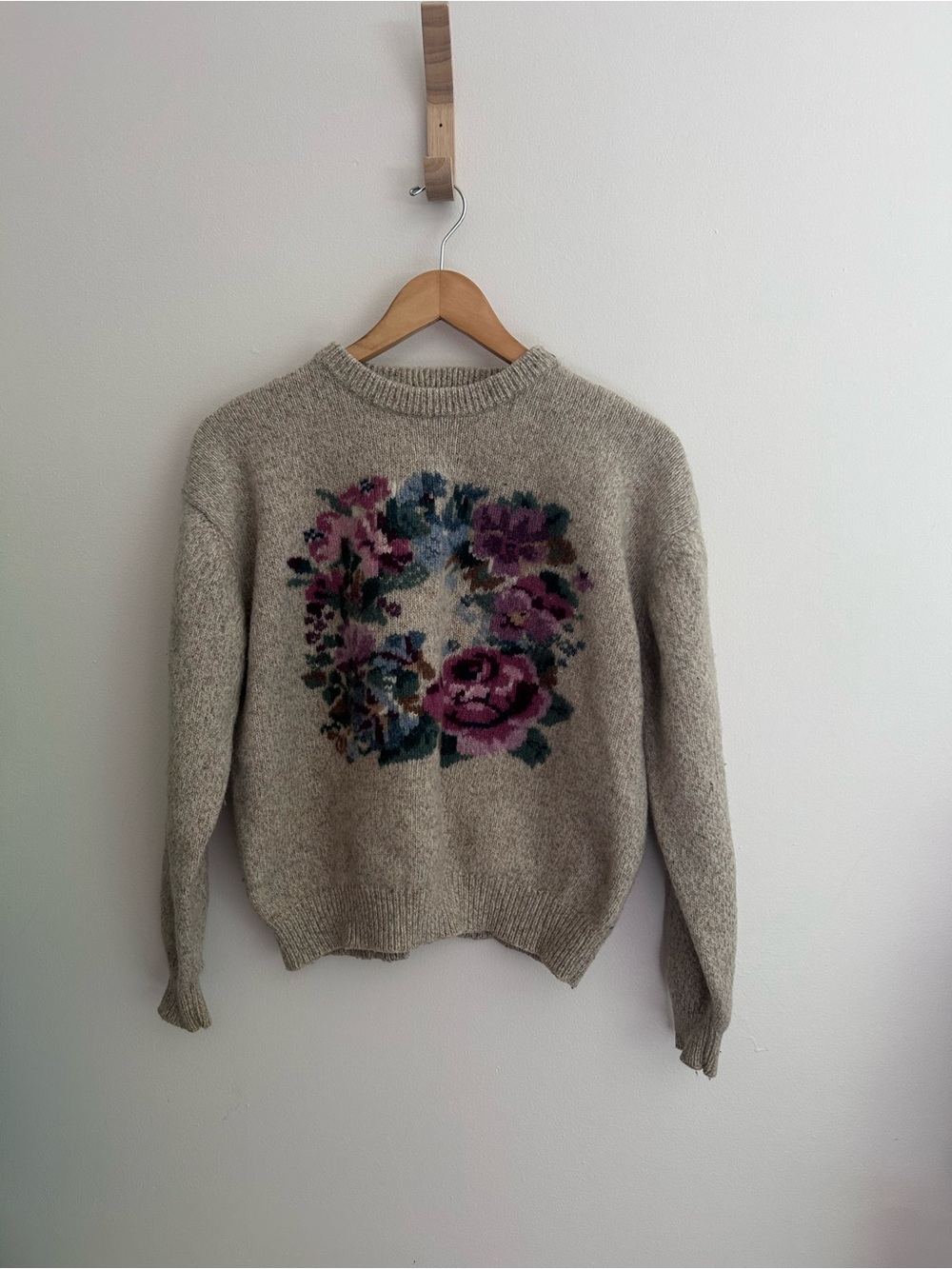 Vintage Eddie Bauer Cream Crewneck Sweater with Pink & Purple Floral